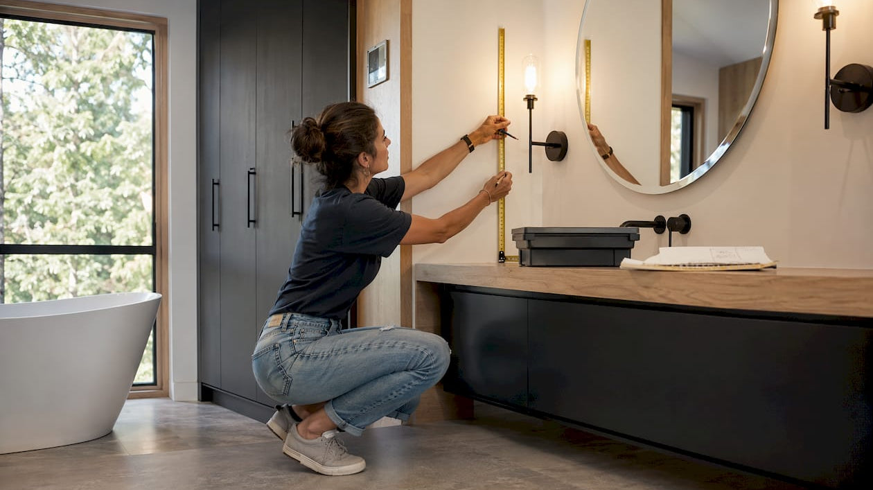 Designer measuring vanity lighting height in bathroom