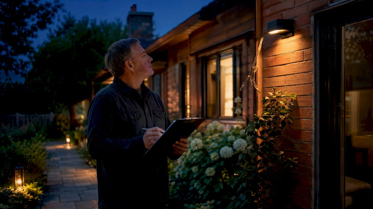 Homeowner inspecting outdoor dark sky lighting fixture
