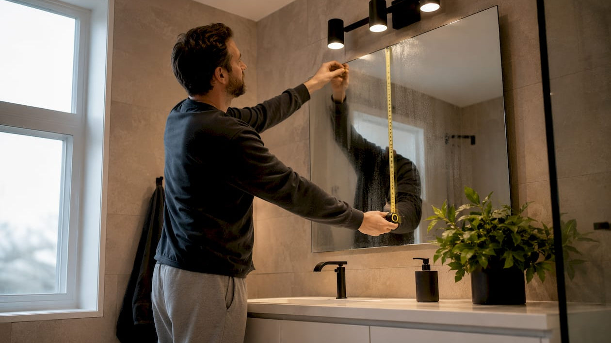 Person measuring vanity mirror width in bathroom