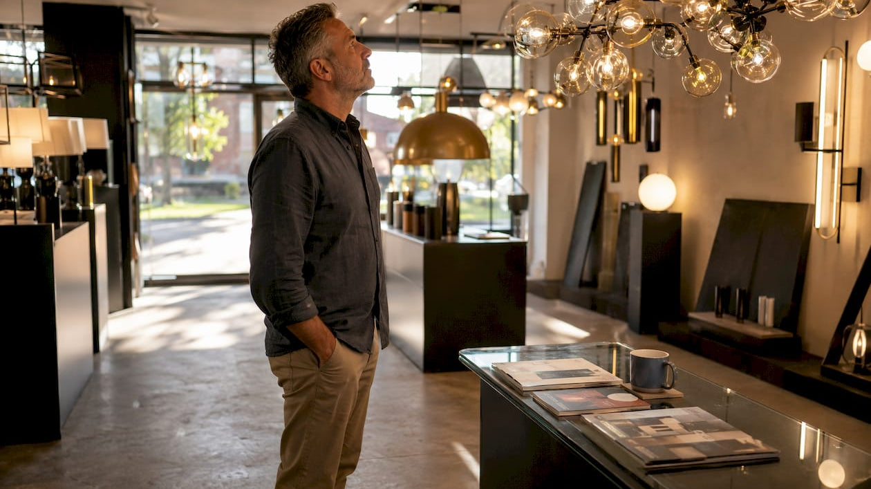 Homeowner browsing lighting store showroom