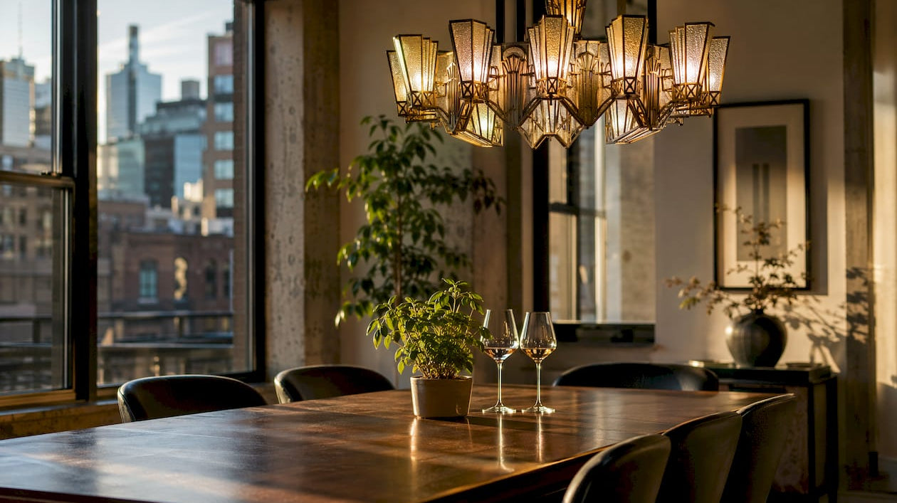 Art Deco chandelier in bright dining room
