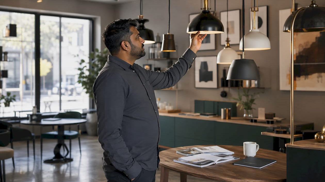 Man browsing lighting store showroom