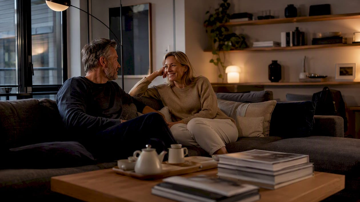 Couple enjoying warm white lit living room