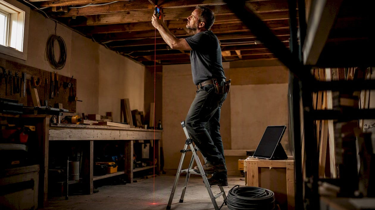 Electrician measuring ceiling for recessed lighting layout