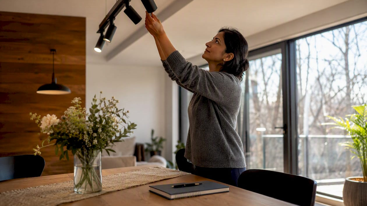 Woman adjusting modern kitchen track lighting