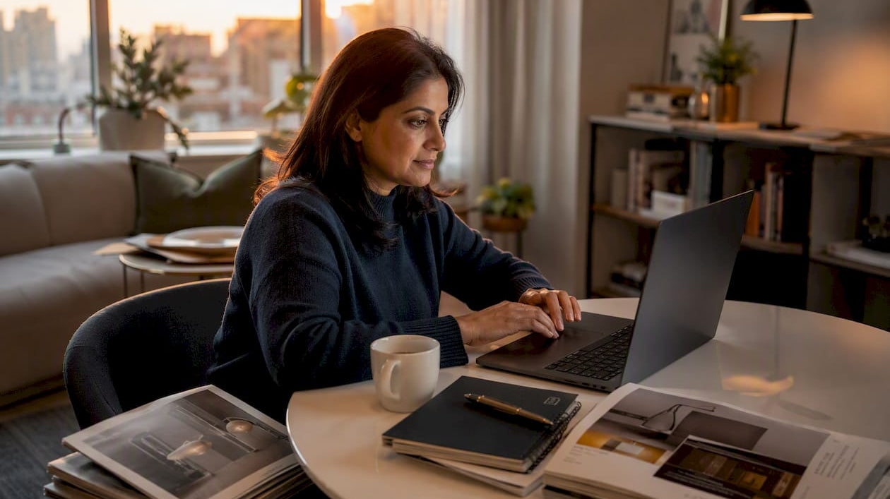 Woman browsing Canadian lighting websites