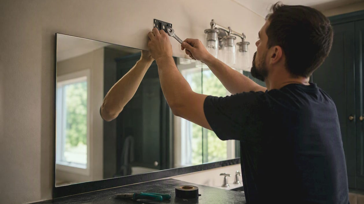 Hands installing vanity light above bathroom mirror