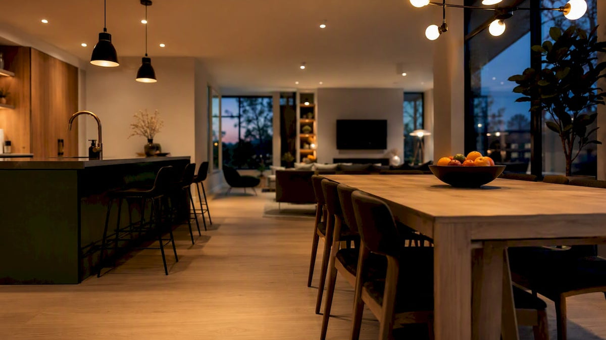 Dusk-lit modern home interior with layered lighting