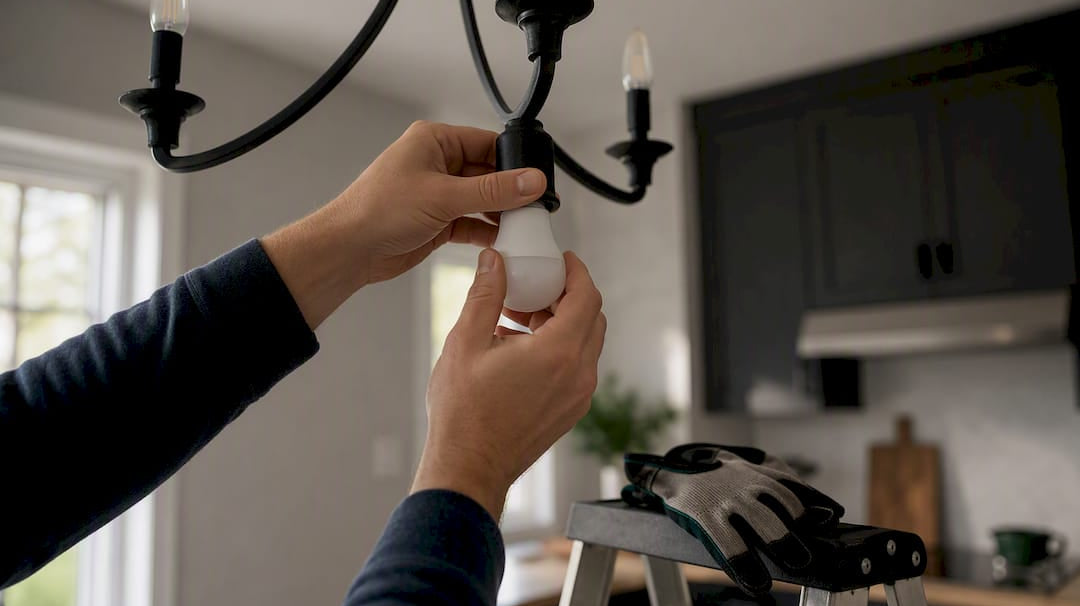 Hands swapping LED bulb in home ceiling fixture