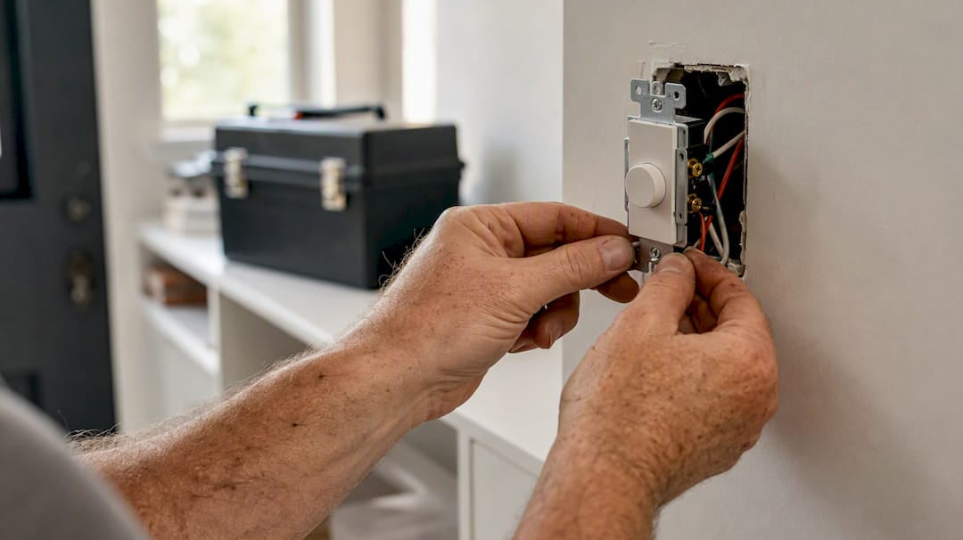 Hands wiring LED dimmer switch in home