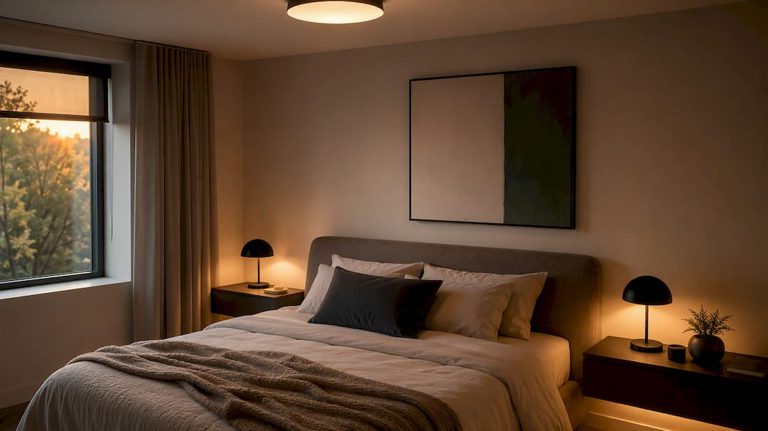 Layered bedroom lighting with ambient, task, and accent
