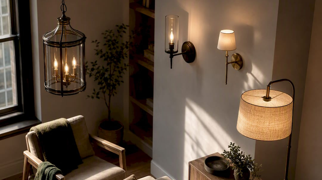 Living room with mixed metal lighting fixtures