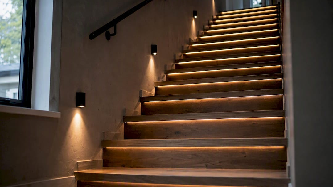 Layered staircase wall lighting with sconces and step lights