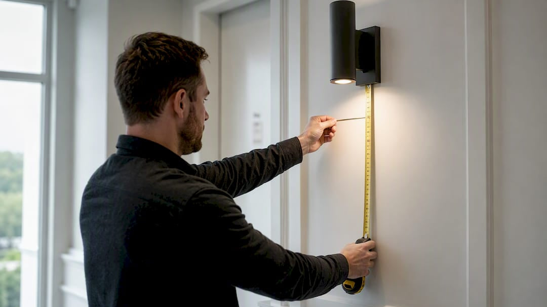 Close-up of hand measuring wall sconce projection