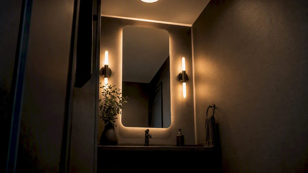 Powder room with ambient, task, and accent lighting