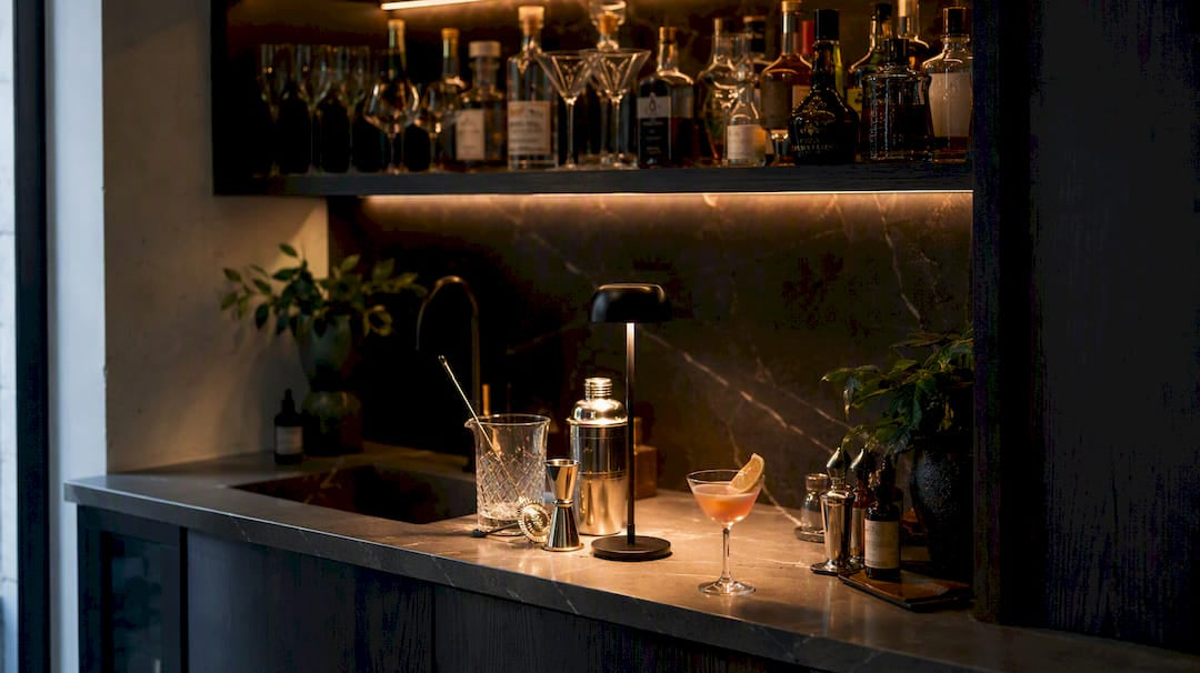Layered warm lighting on wet bar counter with drinks