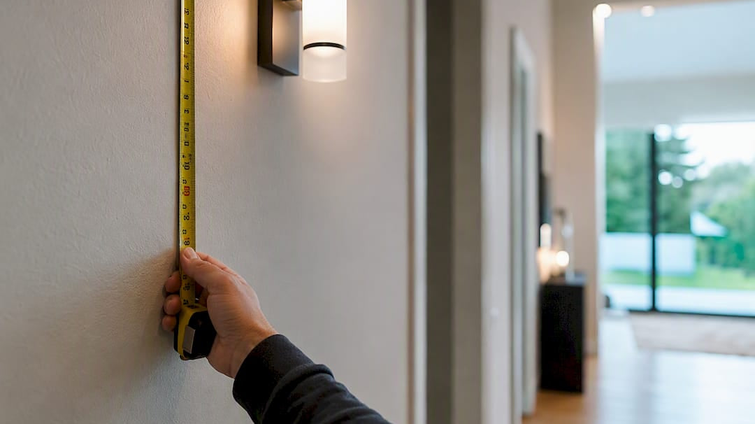 Hand measuring wall sconce height in hallway