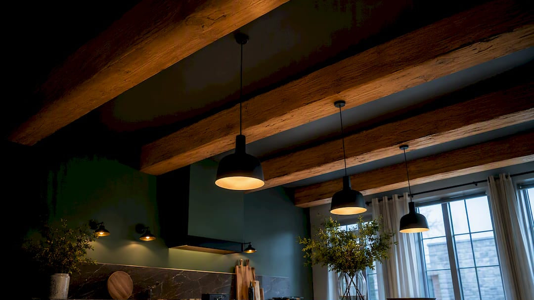 Layered lighting beneath exposed ceiling beams