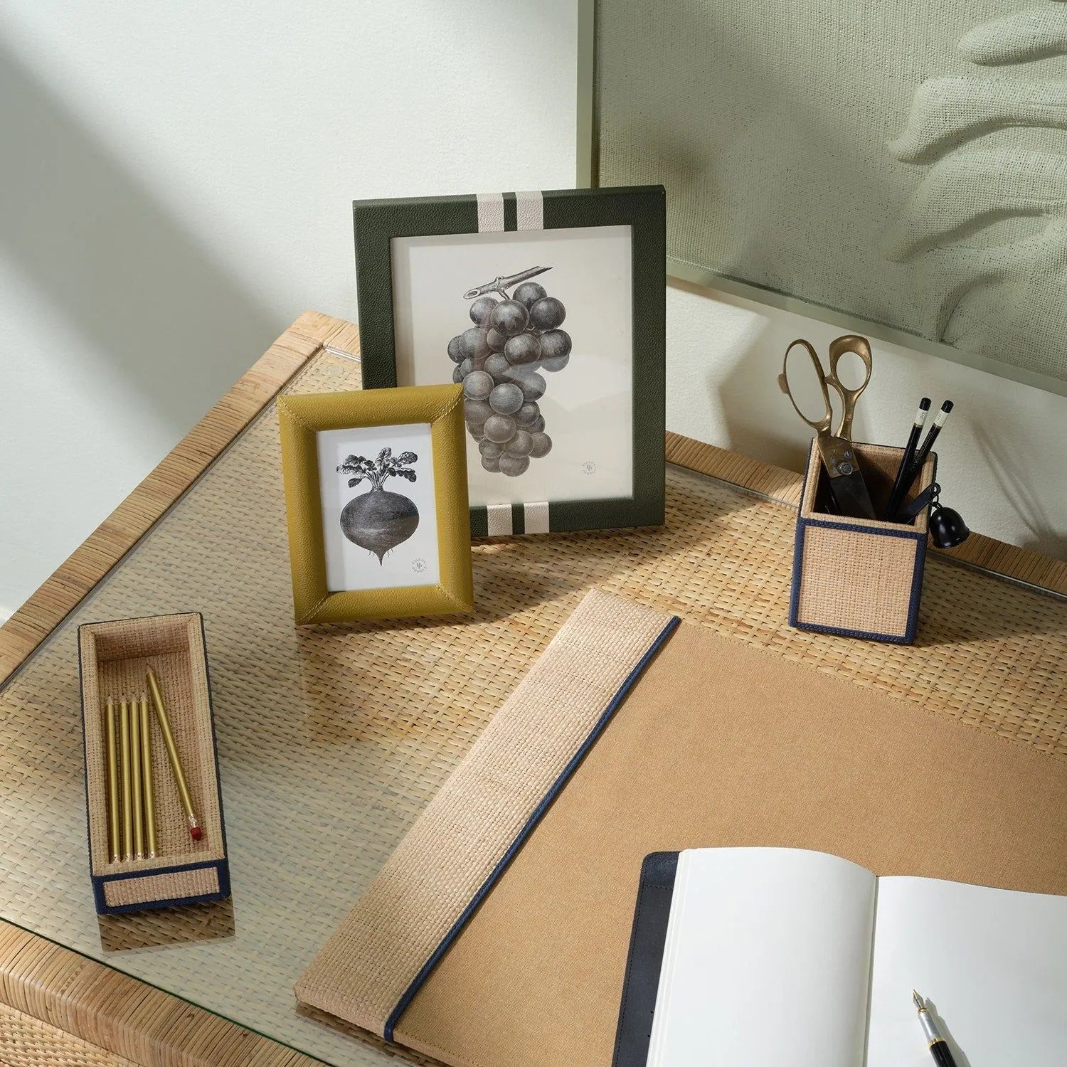 Pigeon and Poodle - PP007669 - Hanford Desk Blotter - Hanford - Natural Raffia/Navy Leather