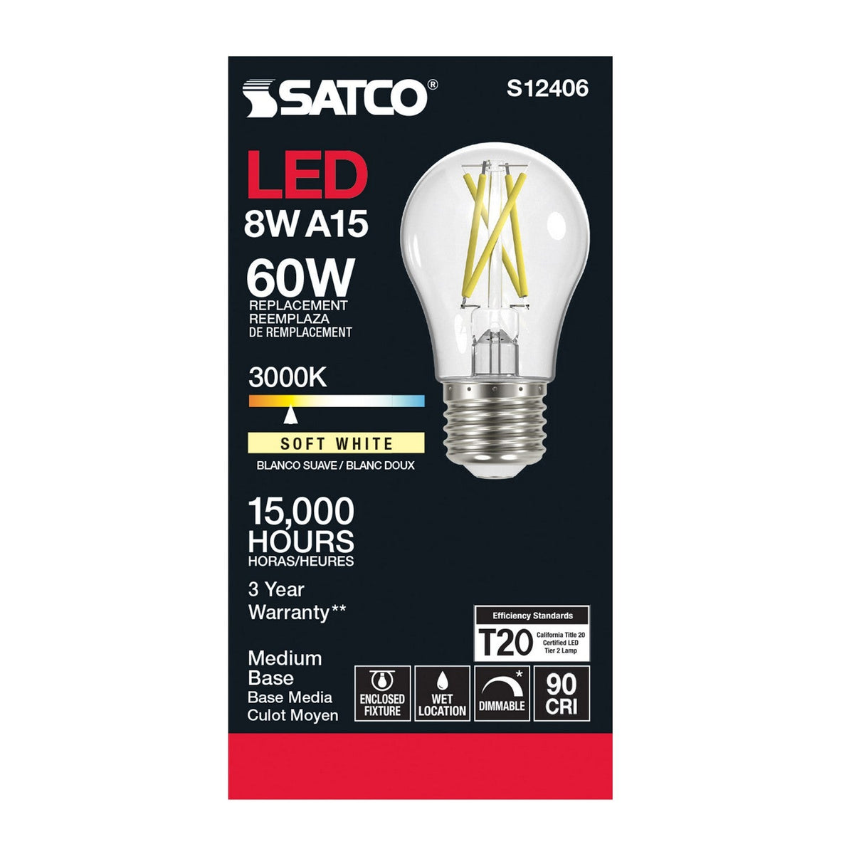 Satco Products S12406 8.2A15/CL/LED/E26/930/120V