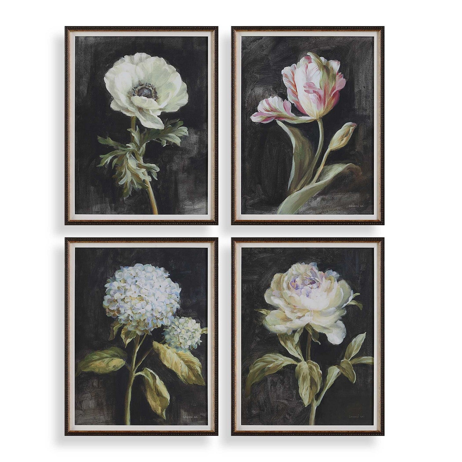 Uttermost - 32426 - Tirages encadrés, lot de 4 - Motifs floraux sur fond noir et marron foncé