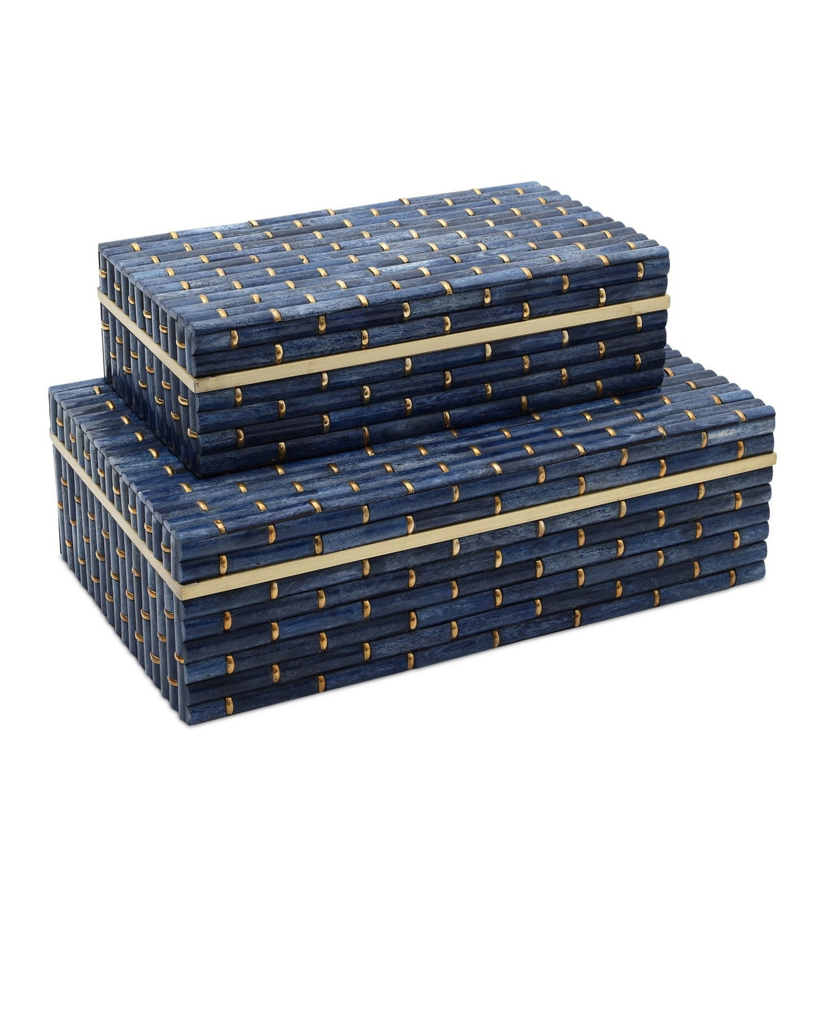 Coffret de 2 boîtes en bambou Midnight de Currey and Company 1200-1060, couleur bleu/laiton