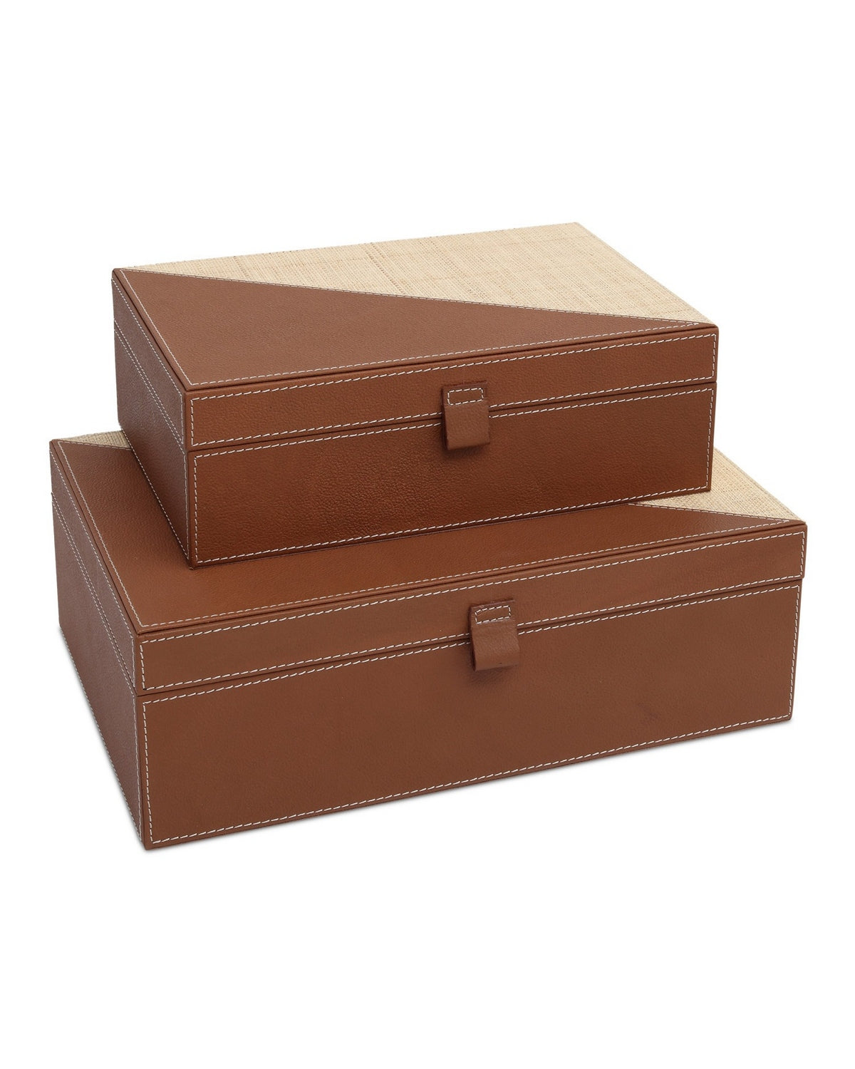 Currey and Company 1200-1069 Leather & Raffia Box Set of 2 in Brown/Natural
