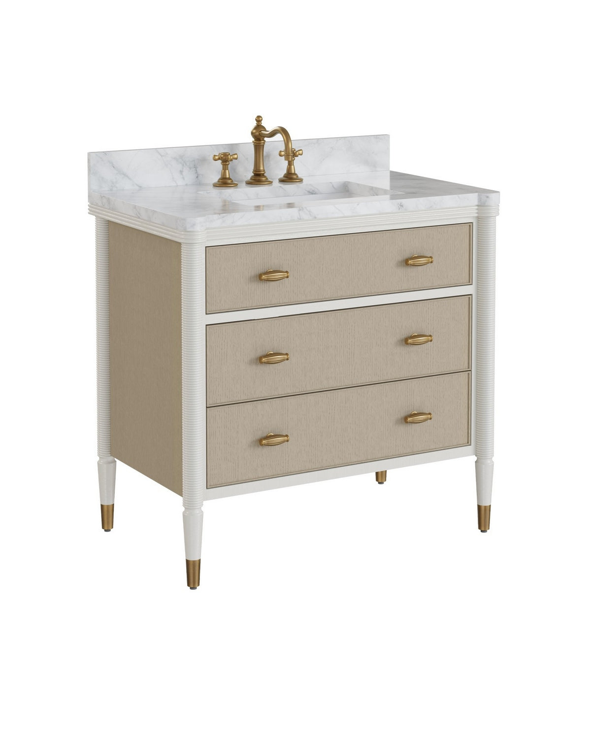 Meuble-lavabo Currey and Company 3800-0018 Aster 36 po avec lavabo rectangulaire encastré, coloris blanc cassé/brouillard/naturel/blanc/laiton poli
