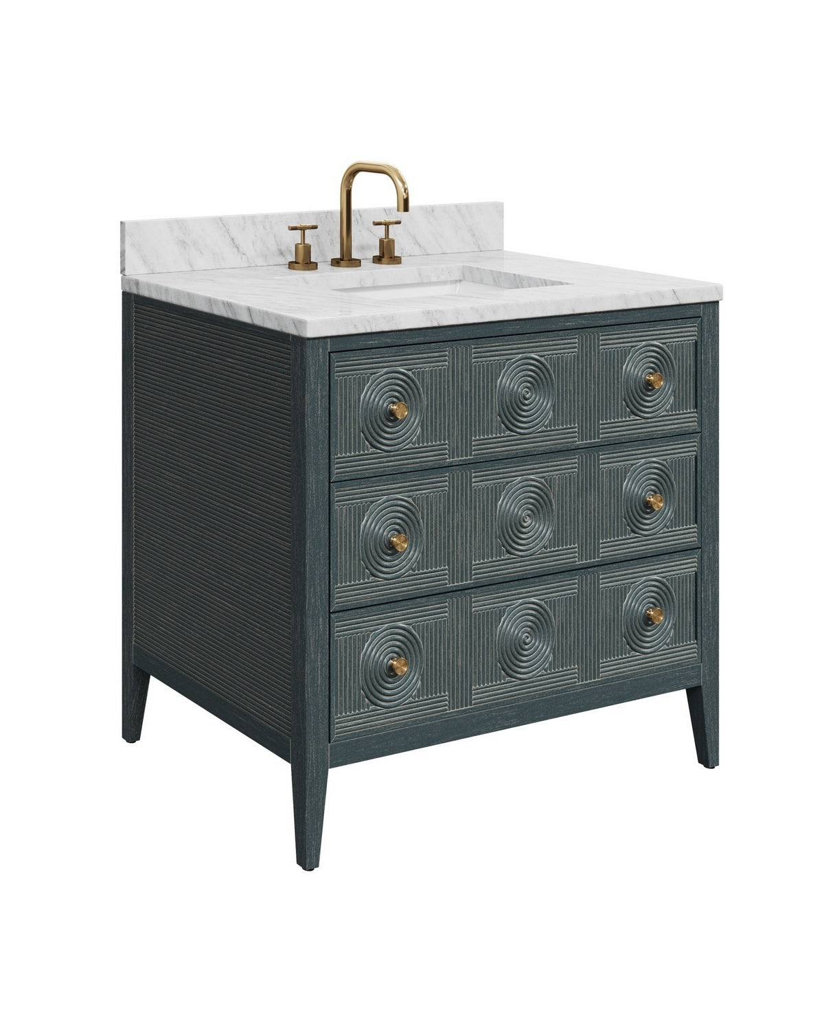Meuble-lavabo Currey and Company 3800-0019 Santos 36 po avec lavabo rectangulaire encastré, finitions bleu marine vintage, naturel, blanc, laiton brossé et nickel poli.