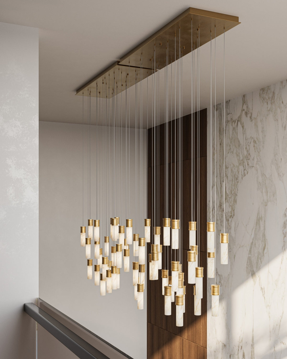 Currey and Company 9000-1384 Cannula Linear Multi-Drop Pendant in Vintage Brass/White/Silver