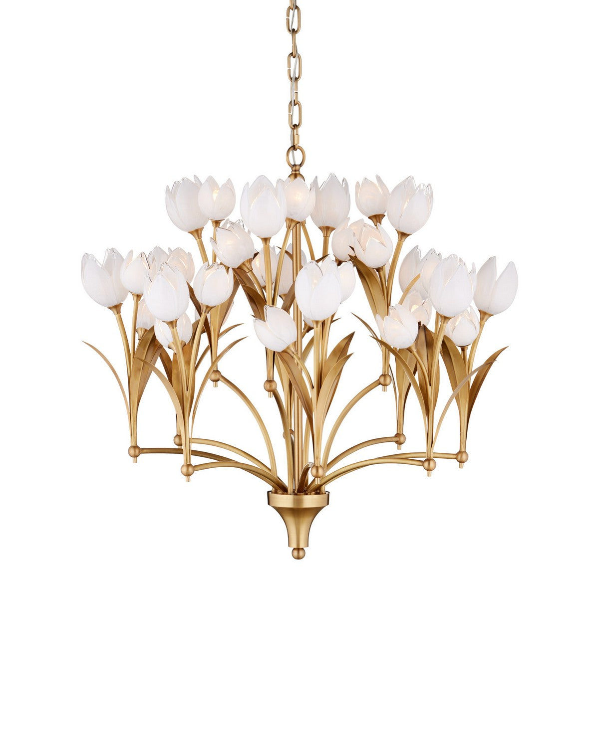 Currey and Company 9000-1475 Glazen Tulpen Chandelier in Polished Antique Brass/White