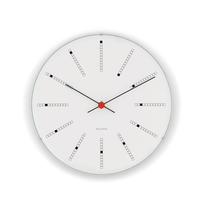 Horloge murale Arne Jacobsen Clocks 43640, modèle banquier, blanc/noir/rouge