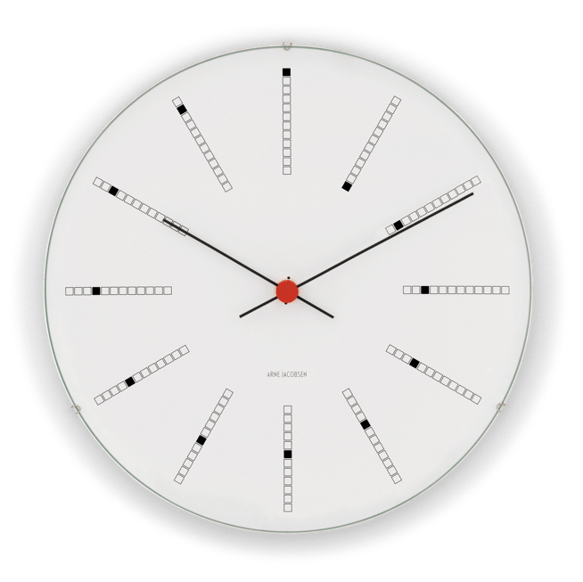Horloge murale Arne Jacobsen Clocks 43650, modèle banquier, blanc/noir/rouge