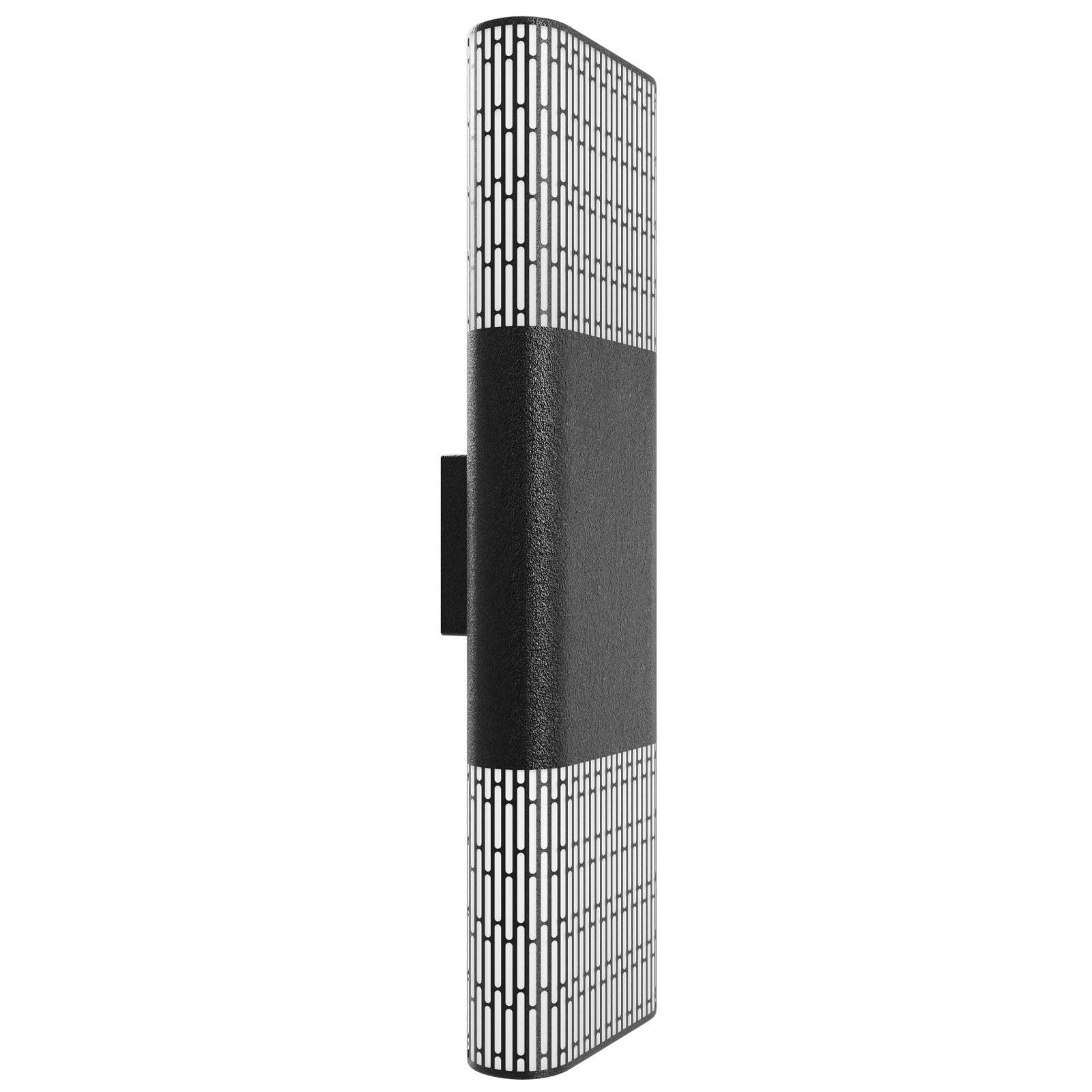 Avenue LED extérieure Murale AV2324-BLK angle trois quarts — face en treillis à hachures croisées rétroéclairée par LED, lueur chaude visible à travers le tissage