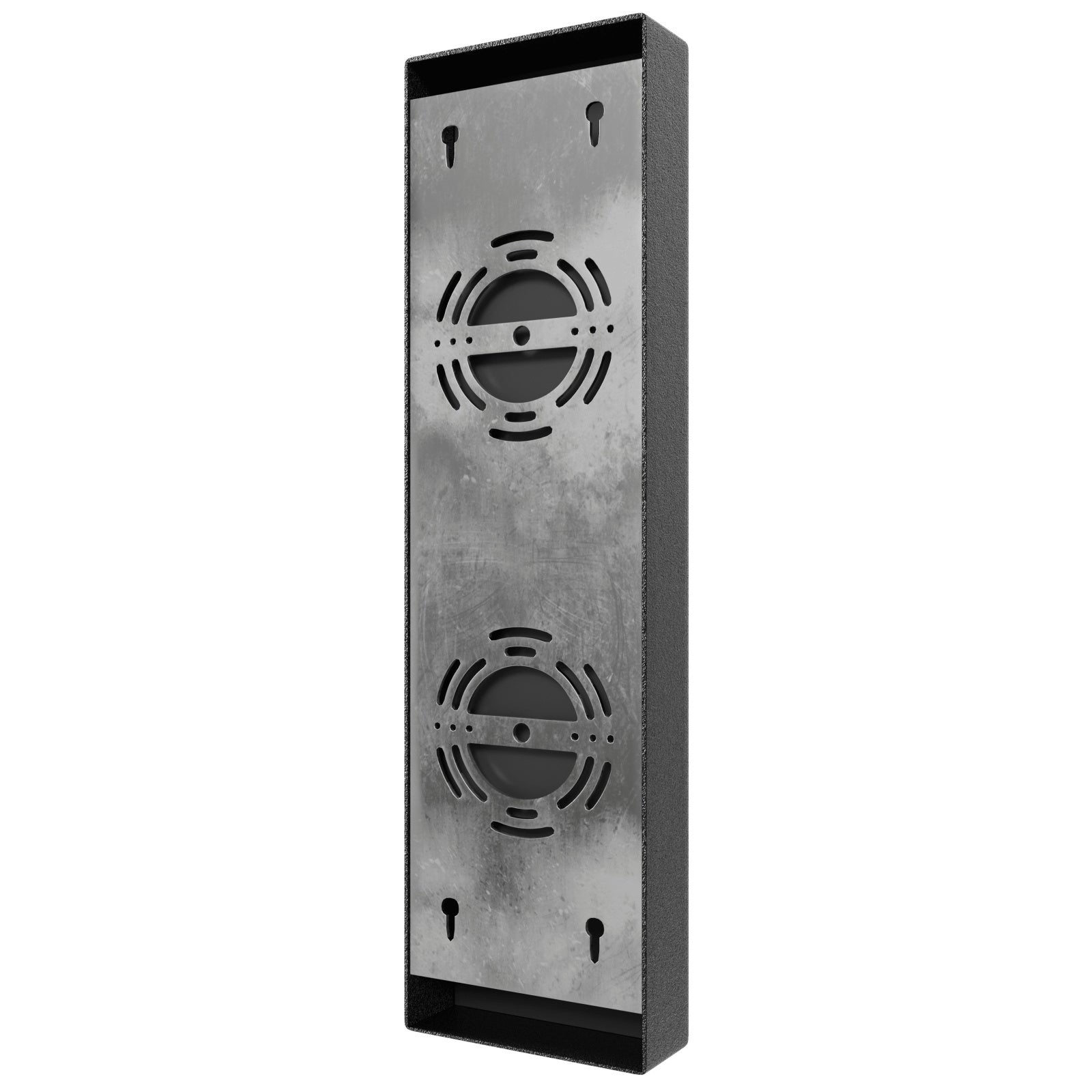 Panneau LED surélevé extérieur Avenue Murale AV3218-BLK angle trois-quarts — la profondeur du panneau LED surélevé crée une ligne d'ombre marquée sur la plaque arrière plate