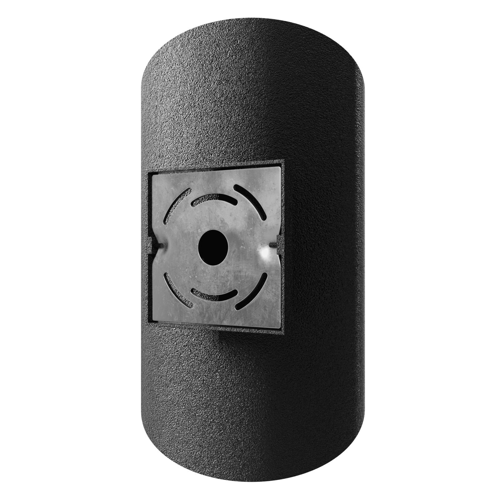 Avenue Cylindrique LED extérieure Murale AV9897-BLK installé à l'extérieur — cylindre noir diffusant une lumière ambiante uniforme sur le mur environnant