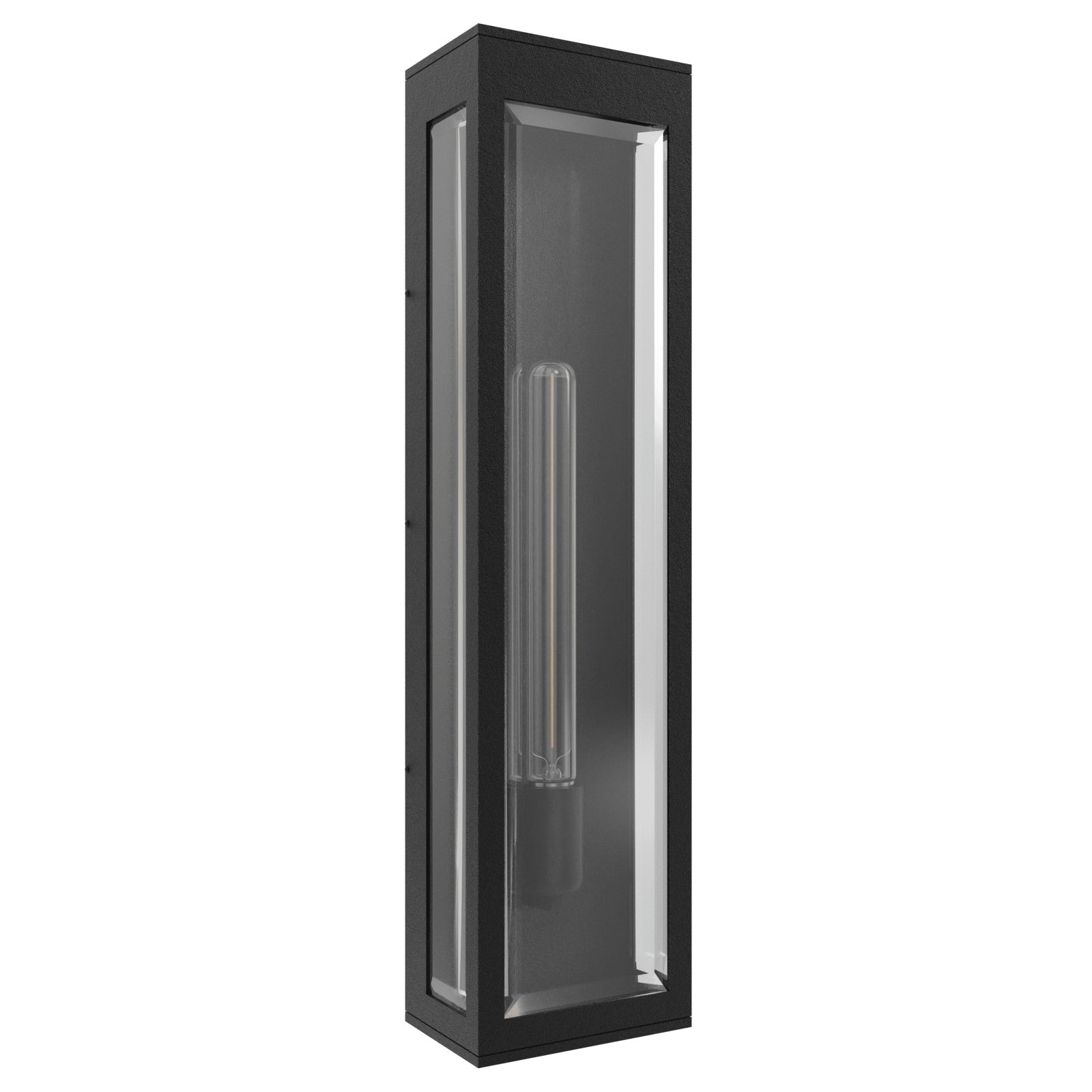 Boîte rectangulaire extérieure Avenue Murale AV9907-BLK vue de face — Cadre noir ajouré à 1 lumière de 61 cm (24 po) de hauteur, avec douille E26 apparente et fond blanc
