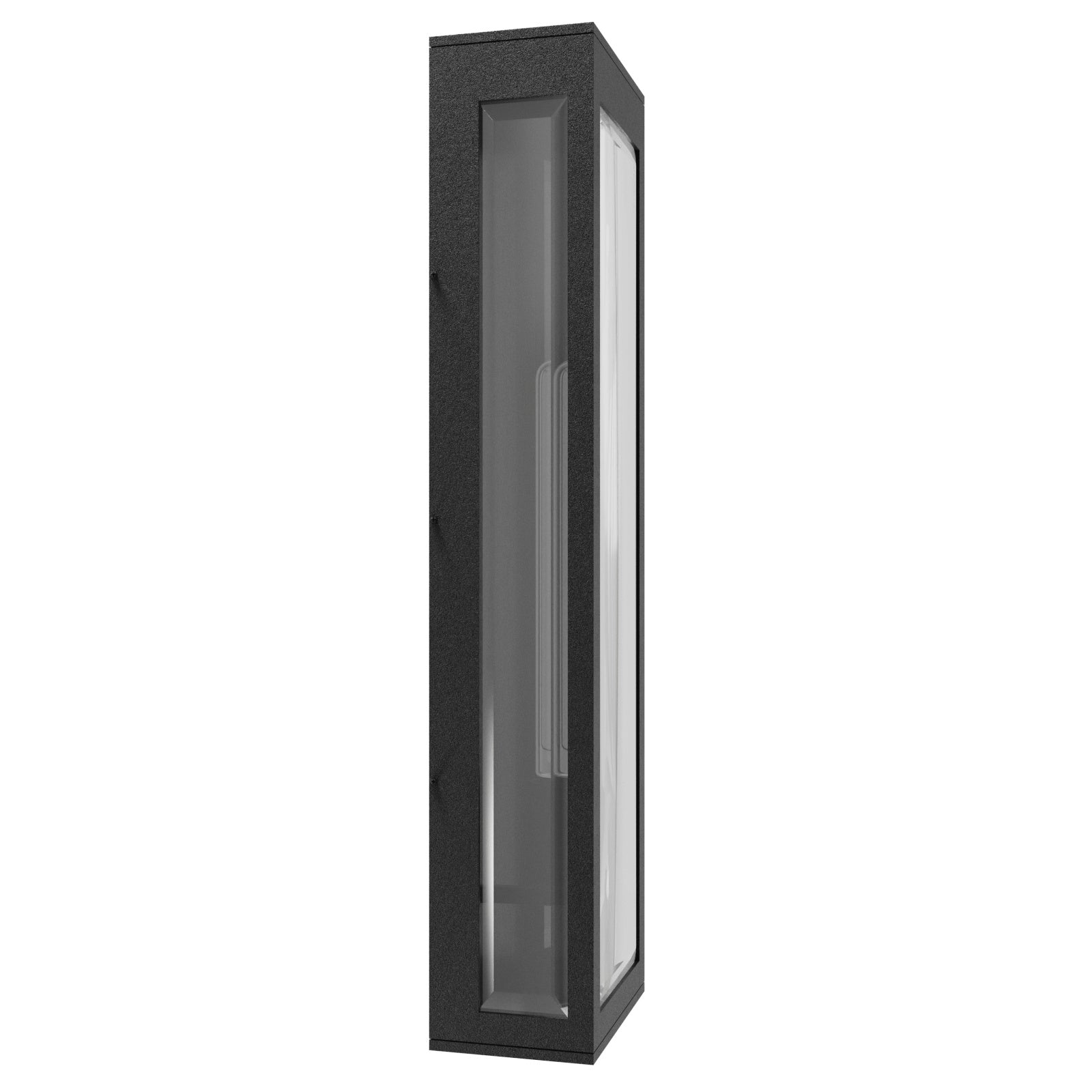 Boîte rectangulaire extérieure Avenue Murale AV9907-BLK trois quarts angle — construction boîte ouverte noire montrant l'intérieur et la position de l'ampoule exposée