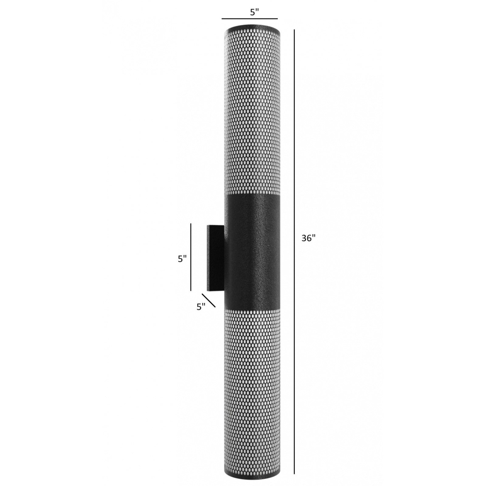 Avenue Outdoor Cylindrique Perforé LED Haut/Bas Murale AV2736-BLK installé à l'extérieur — des poutres ascendantes et descendantes encadrent le cylindre perforé