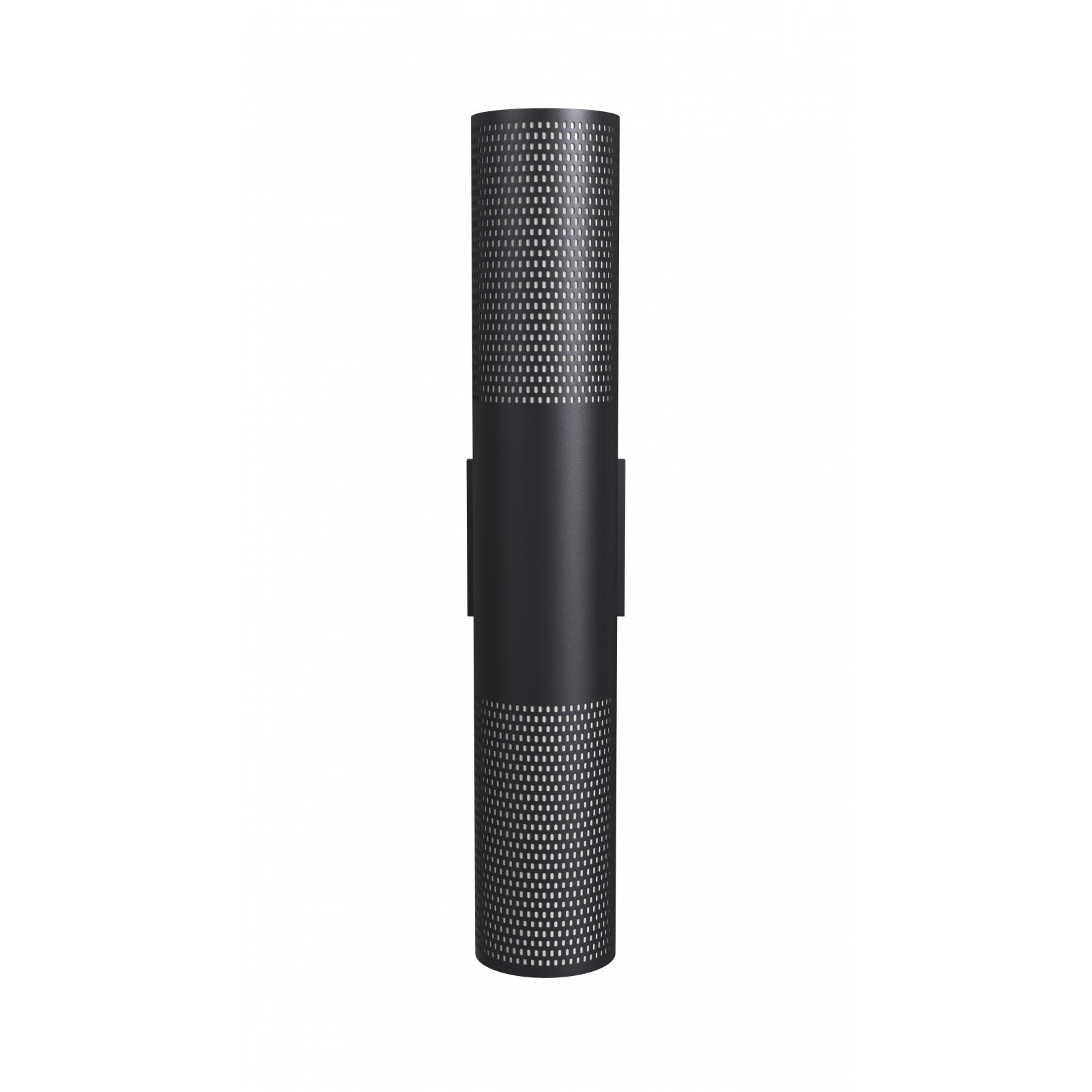 Avenue Outdoor Cylindrique Perforé LED Haut/Bas Murale AV2724-BLK vue de face — Cylindre rond noir de 24 po de hauteur, côtés perforés, fond blanc