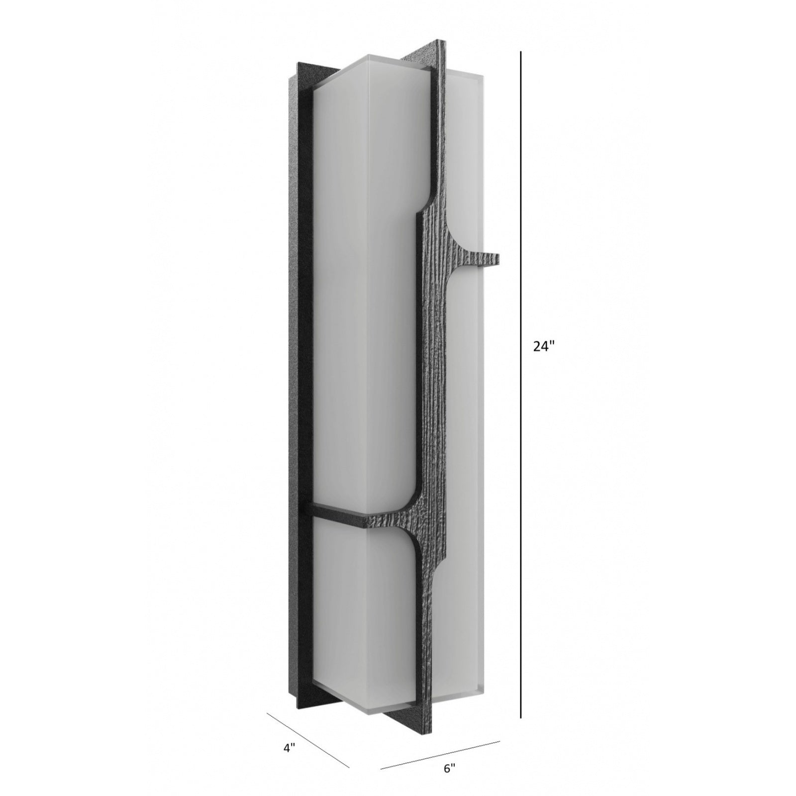 Avenue Outdoor Faux Wood Grain LED Wall Sconce AV2624-BLK lifestyle view — 24"H fixture installed on exterior, warm LED backlight through faux wood-grain face