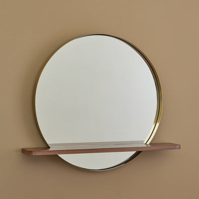 Miroir mural avec étagère - Doré/Noyer