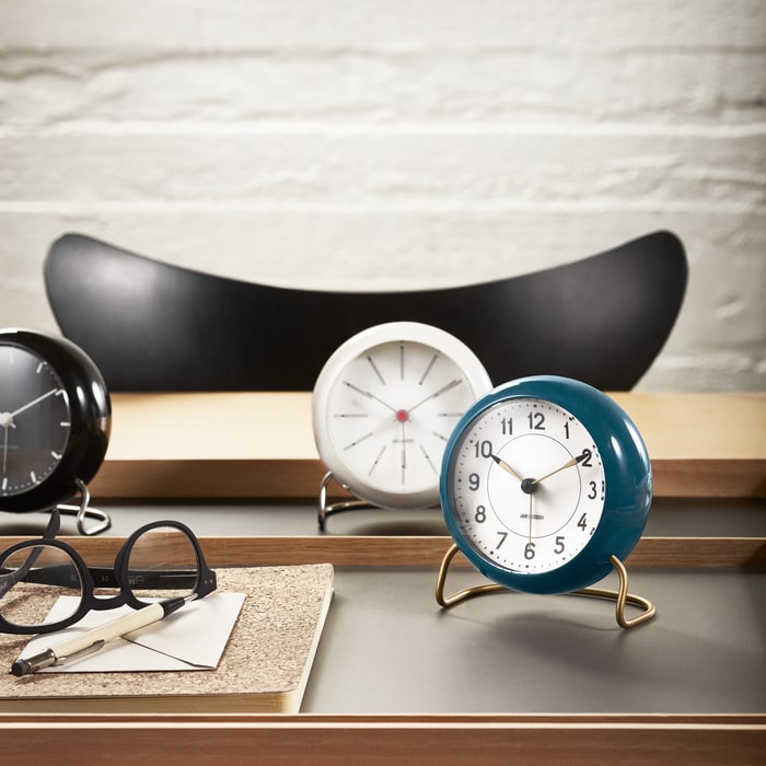 Arne Jacobsen Clocks 43678 Station Table Clock in Teal/White