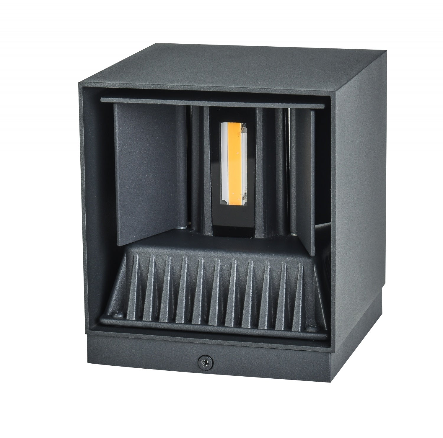 Cube LED 5"W Avenue Outdoor avec affichage haut/bas Murale AV9887-BLK angle trois-quarts — cube noir opaque avec dessus ouvert laissant apparaître la bande LED intérieure