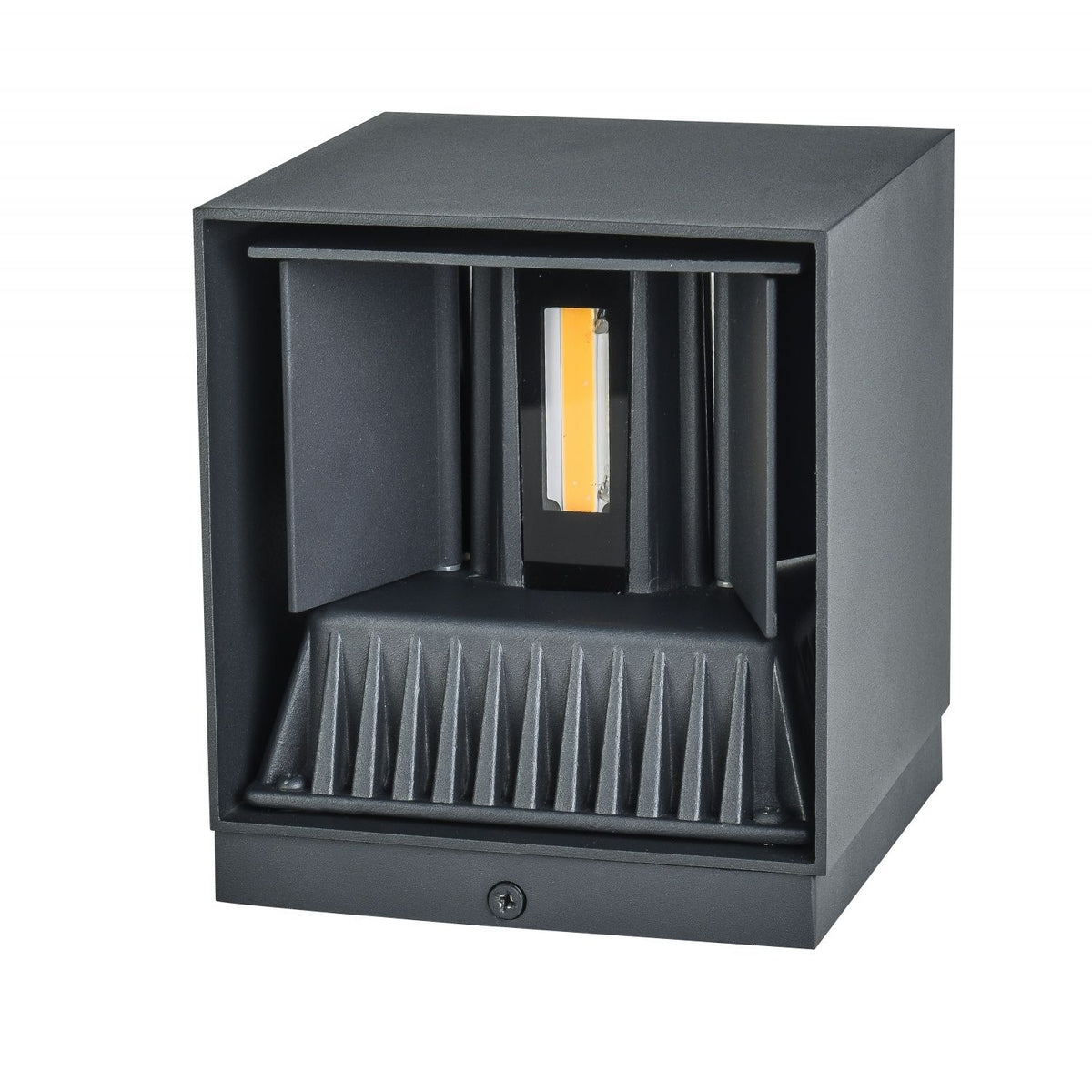 Cube LED 5"W Avenue Outdoor avec affichage haut/bas Murale AV9887-BLK angle trois-quarts — cube noir opaque avec dessus ouvert laissant apparaître la bande LED intérieure