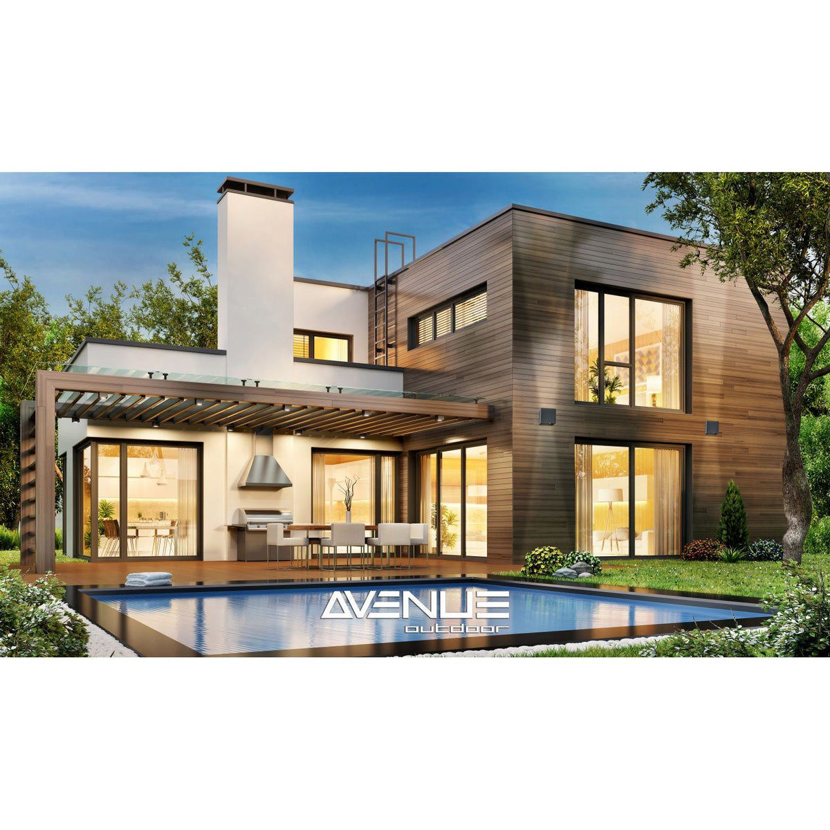 Cube LED 5"W Avenue Outdoor avec affichage haut/bas Murale AV9887-BLK installé à l'extérieur — moulage cubique noir définissant les poutres ascendantes et descendantes sur le mur