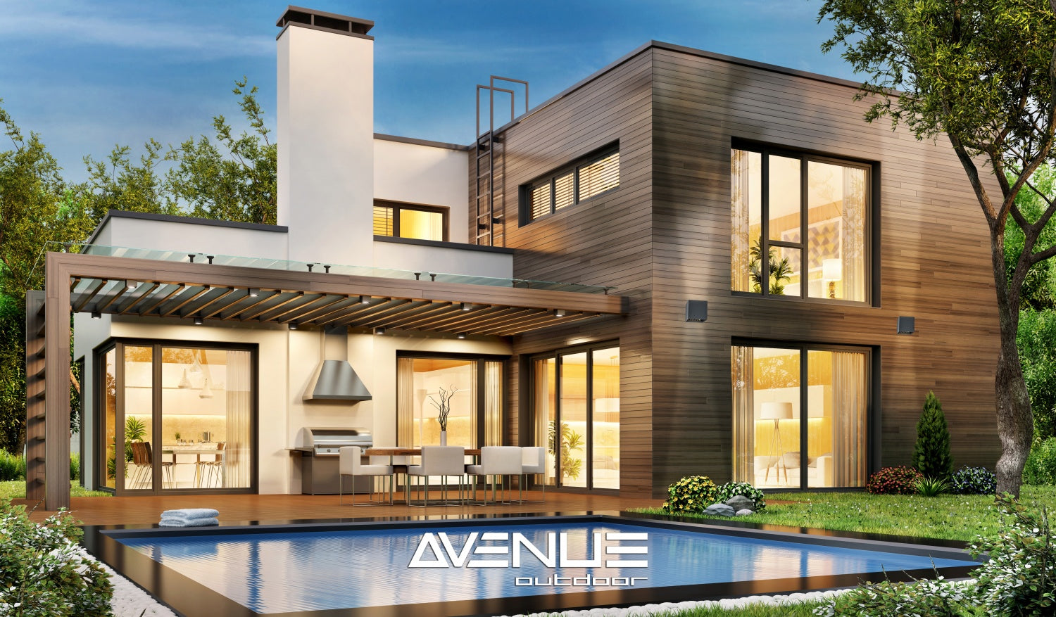 Cube LED 5"W Avenue Outdoor avec affichage haut/bas Murale AV9887-BLK installé à l'extérieur — moulage cubique noir définissant les poutres ascendantes et descendantes sur le mur