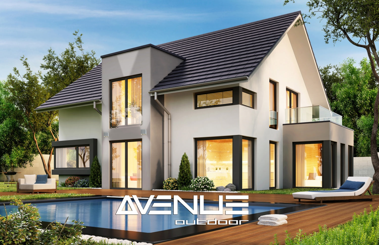 Cube LED 5"W Avenue Outdoor avec affichage haut/bas Murale AV9887-SLV installé à l'extérieur — moulage en cube argenté définissant les poutres ascendantes et descendantes sur le mur