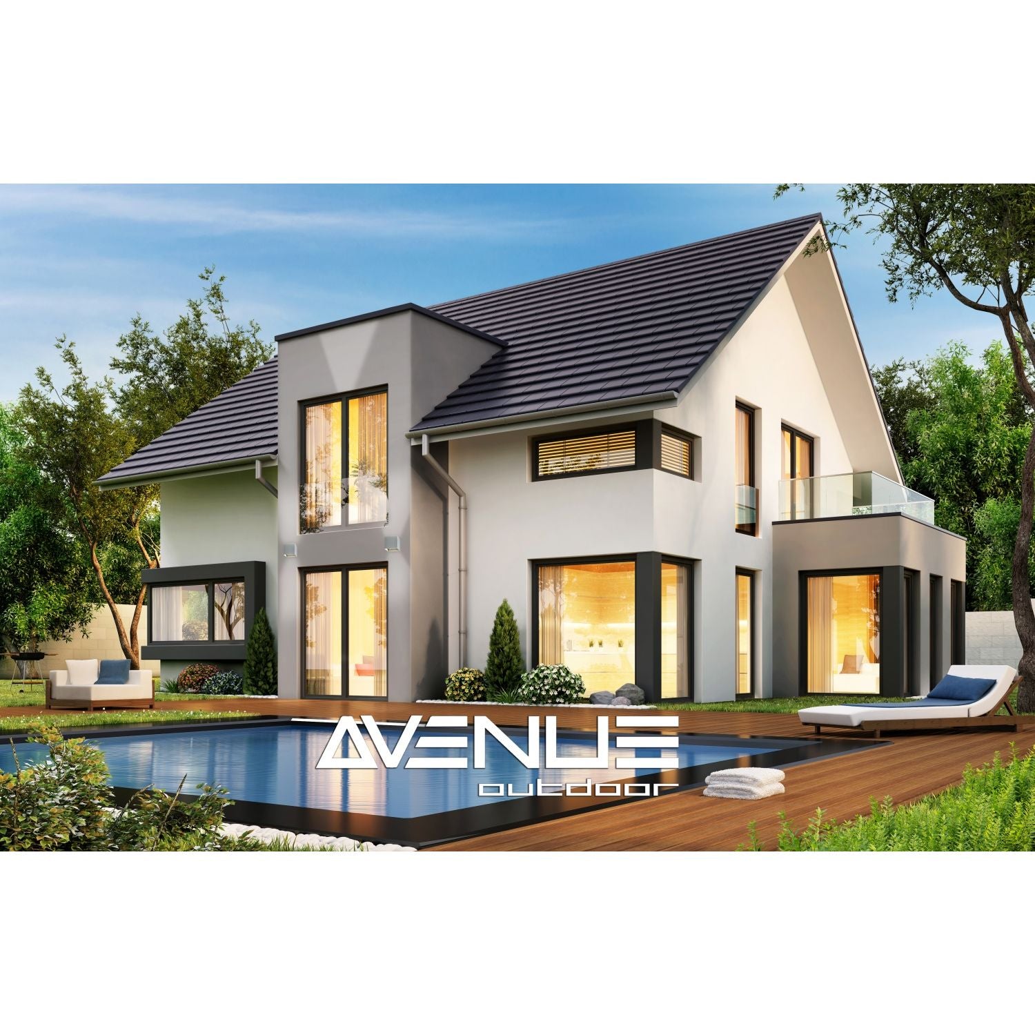 Cube LED 5"W Avenue Outdoor avec affichage haut/bas Murale AV9887-SLV installé à l'extérieur — moulage en cube argenté définissant les poutres ascendantes et descendantes sur le mur