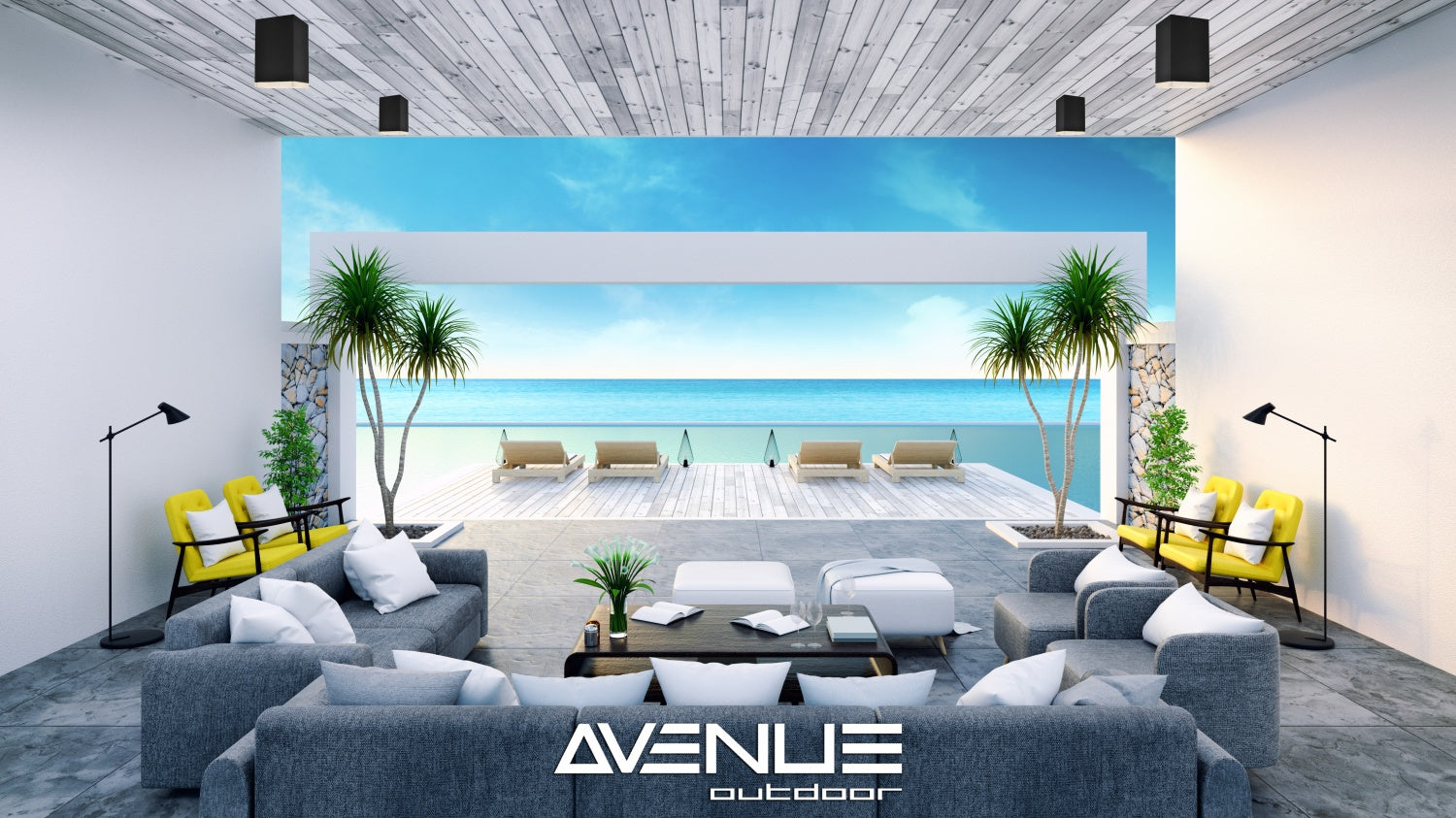 Plafonnier extérieur LED encastré Avenue AV9888-BLK à angle trois quarts — disque noir discret indiquant une faible profondeur d'encastrement au plafond